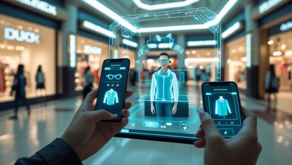 "Persona en un centro comercial utilizando un smartphone con realidad aumentada para explorar productos en 3D,